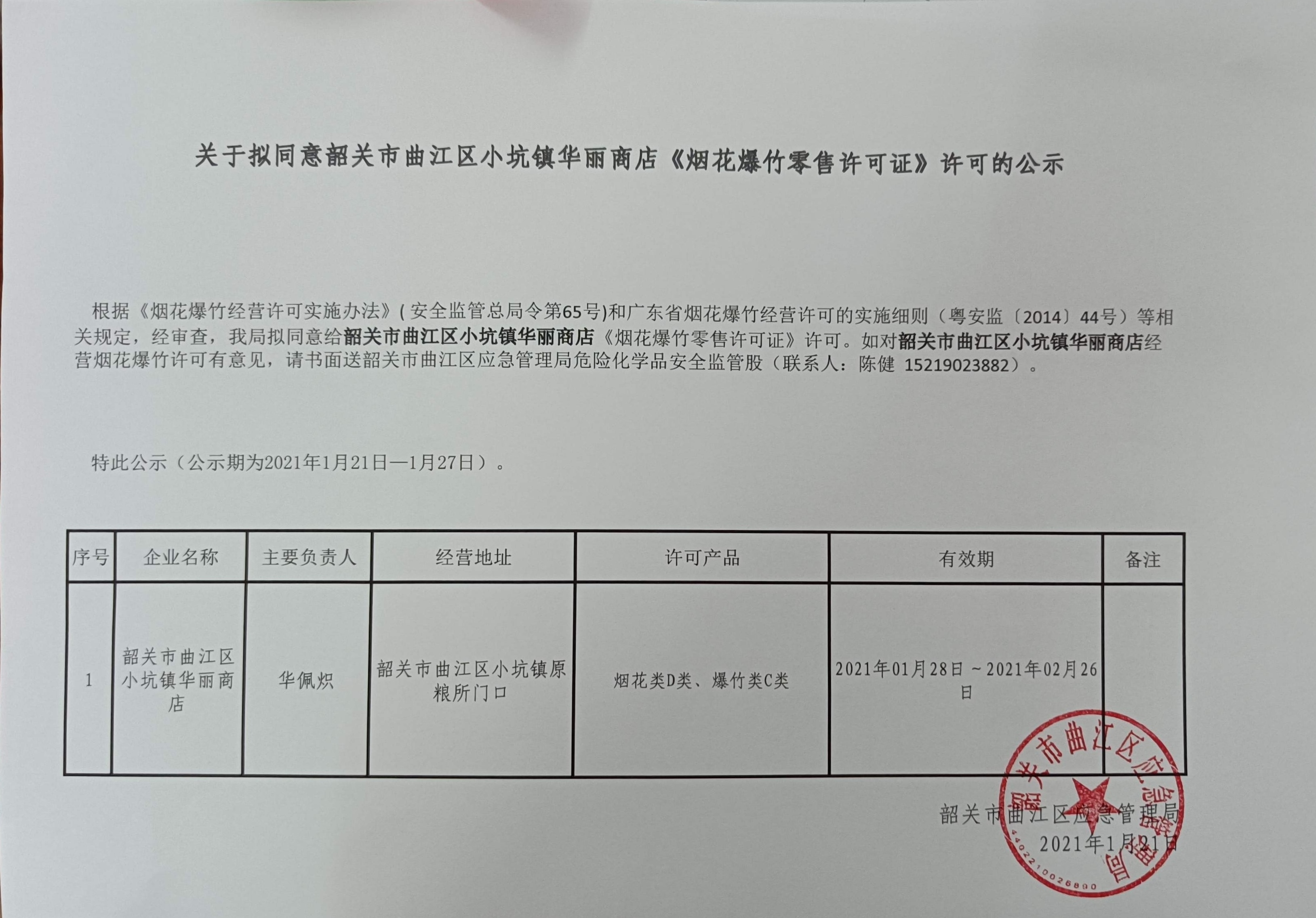 关于拟同意韶关市曲江区小坑镇华丽商店《烟花爆竹零售许可证》许可的